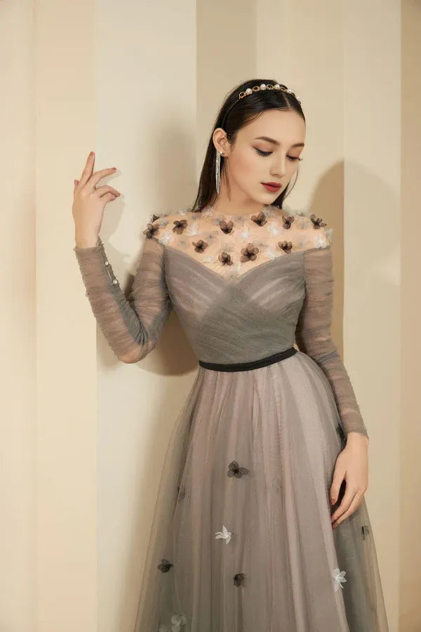 Robe trapèze Weitese, col rond, froncée, en tulle transparent, robe longue, vintage, plissée, robe de bal avec fleurs